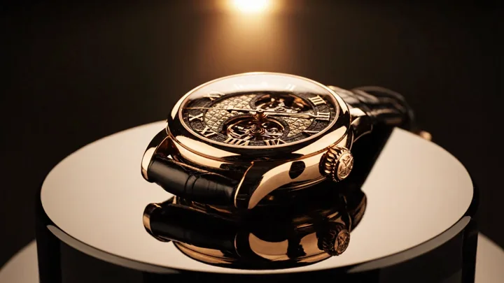 Gros plan d’une montre sur un socle sombre