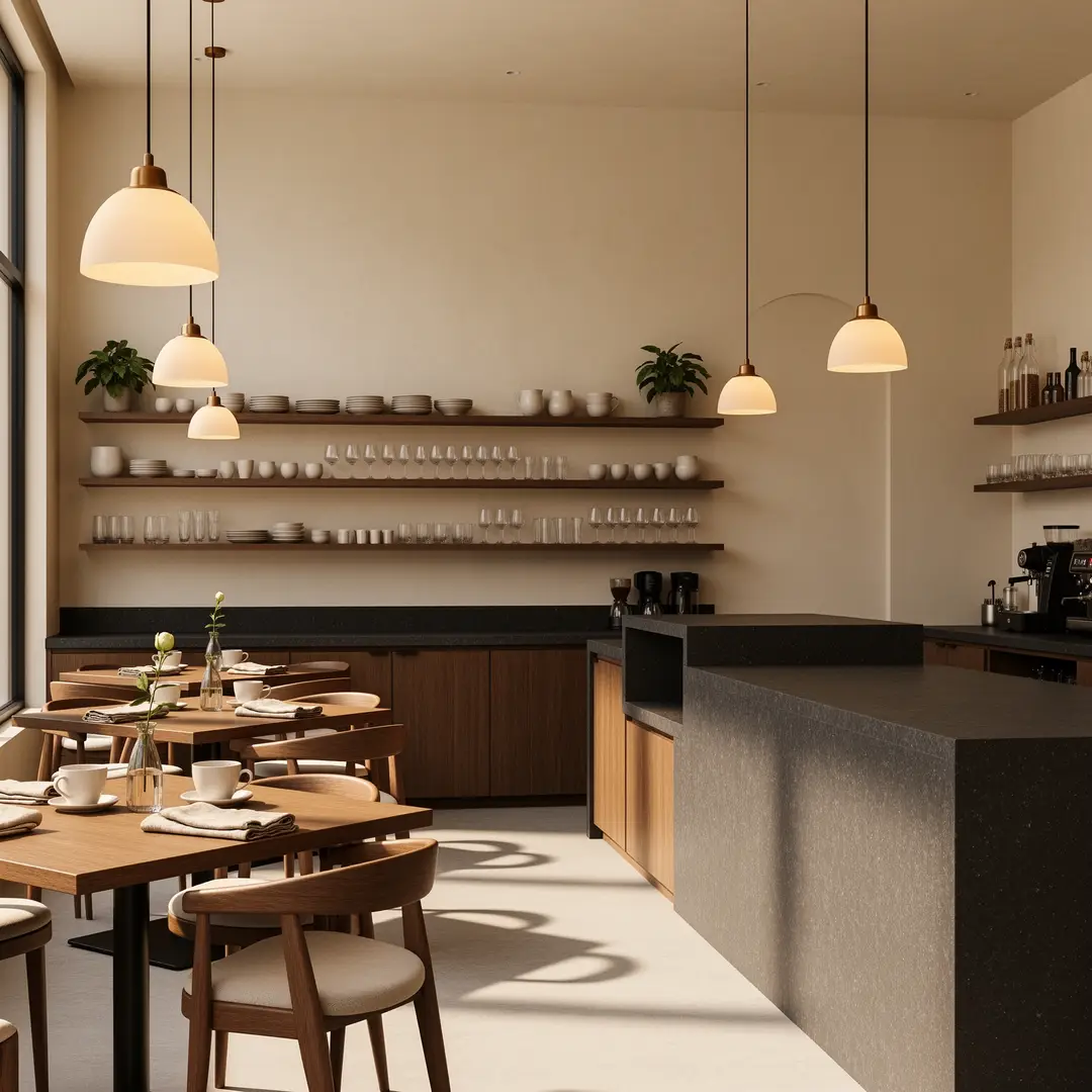 Intérieur de café avec lumière chaude et mobilier en bois