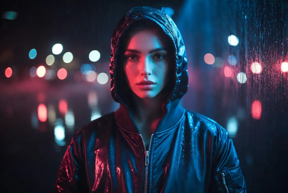 Portrait streetwear de nuit aux lumières bleues et rouges